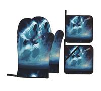 YYHWHJDE Ensemble de 4 pièces de cuisine avec motif fantôme jouant de la guitare - Gant de cuisine isolé et manique anti-brûlure et isolation thermique