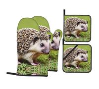 YYHWHJDE Ensemble de 4 pièces de cuisine avec motif hérisson et maniques - Anti-brûlure et isolation thermique