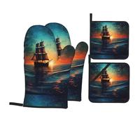 YYHWHJDE Ensemble de 4 pièces de cuisine motif bateau à voile dans la mer d'étoiles - Gant de cuisine isolé et maniques anti-brûlure et isolation thermique