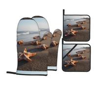 YYHWHJDE Ensemble de 4 pièces de cuisine motif étoile de mer sur la plage comprenant 2 gants isothermes et 2 coussinets pour couvercles de casserole avec poches, anti-brûlure et isolation thermique