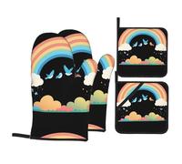 YYHWHJDE Ensemble de 4 pièces de cuisine motif oiseaux volant sous l'arc-en-ciel - Gant de cuisine isolé et manique anti-brûlure et isolation thermique