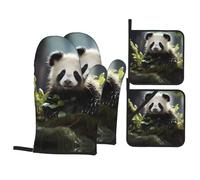 YYHWHJDE Ensemble de 4 pièces de cuisine motif panda dans la forêt - Gant de cuisine isolé et manique anti-brûlure et isolation thermique