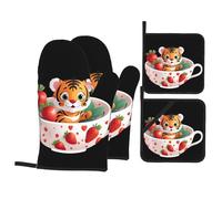 YYHWHJDE Ensemble de 4 pièces de cuisine motif tigre et fraise dans une tasse à thé comprenant 2 gants isothermes et 2 coussinets pour couvercles de casserole avec poches, anti-brûlure et isolation