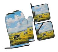 YYHWHJDE Ensemble de 4 pièces de cuisine motif vache sur le ranch comprenant 2 gants isolants et 2 coussinets pour couvercles de casserole avec poches, anti-brûlure et isolation thermique