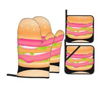 YYHWHJDE Ensemble de 4 pièces de cuisson motif hamburger rose rouge - Gant de cuisine isolé et manique anti-brûlure et isolation thermique