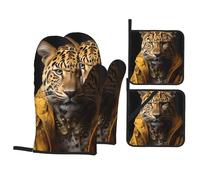 YYHWHJDE Ensemble de 4 pièces de cuisson motif léopard dans une veste en cuir - Gant de cuisine isolé et manique anti-brûlure et isolation thermique