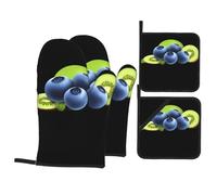 YYHWHJDE Ensemble de 4 pièces de cuisson pour cuisine Motif myrtilles et kiwi - Manique isolante et anti-brûlure