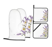YYHWHJDE Ensemble de gants de cuisine et maniques avec imprimé fleurs de lavande - Couverture de cuisine imperméable et résistante à la chaleur - Couche de four durable pour la cuisine, la pâtisserie