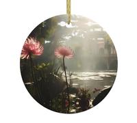 YYHWHJDE Fleur sur l'autre côté imprimé arbre de Noël suspendu en céramique pendentif rond pour décoration de boutiques, portes et fenêtres