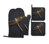 YYHWHJDE Golden Withering Libellule Imprimés Couches de four très résistantes : ensemble de 4 pièces de protection de cuisine imperméable et résistant à la chaleur pour une manipulation sûre et une