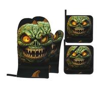 YYHWHJDE Green Ghost Horror Lot de 4 pièces de cuisine Motif citrouille d'Halloween - Gant de cuisine isolé et manique anti-brûlure et isolation thermique