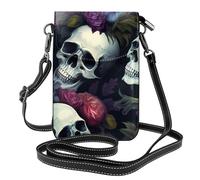 YYHWHJDE Horrible Dark Skulls Flowers Pattern Picture Téléphone portable pour femme avec prépuce en cuir, étui à rabat en bandoulière, petite bandoulière réglable