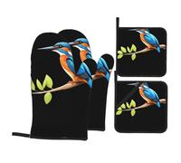 YYHWHJDE Kingfisher on the Branch Prints Lot de 4 gants de cuisine isolants et maniques anti-brûlure et isolation thermique