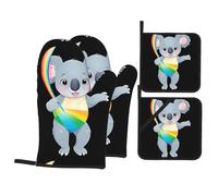 YYHWHJDE Koala Catching a Rainbow Pattern Ensemble de 4 pièces de cuisine comprenant 2 gants isothermes et 2 coussinets pour couvercles de casserole avec poches anti-brûlures et isolation thermique