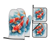 YYHWHJDE Koi in Ink and Wash Ensemble de 4 pièces de cuisine comprenant 2 gants isolants et 2 coussinets pour couvercles de casserole avec poches anti-brûlures et isolation thermique