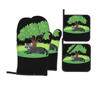 YYHWHJDE Little Civet Cat Under The Green Tree Picture Ensemble de 4 pièces de cuisine - Gant de cuisine isolé et manique anti-brûlure et isolation thermique