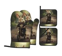 YYHWHJDE Little Grey Rabbit Riding a Bicycle Prints Ensemble de cuisine 4 pièces - Manique isolante et manique anti-brûlure et isolation thermique