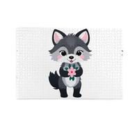 Yyhwhjde Lot de 1 000 puzzles en bois éducatifs éducatifs éducatifs en bois avec petit loup gris tenant une petite fleur rose