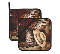 YYHWHJDE Lot de 2 dessous de plat carrés pour comptoir de cuisine - Motif chapeau noir de cowboy - Maniques imperméables et durables avec boucle de suspension - Dessous de plat résistants à la chaleur