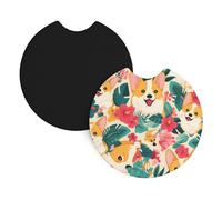 Yyhwhjde Lot de 2 dessous de verre de voiture en caoutchouc chloroprène durable, imperméable, séchage rapide, inodore, imprimé fleurs tropicales et corgi