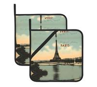 YYHWHJDE Lot de 2 maniques carrées isothermes à motif de carte postale vintage de Paris 20,3 x 20,3 cm, anti-brûlure et isolation thermique, imperméable