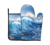 YYHWHJDE Lot de 2 maniques et maniques de cuisine Motif vagues de l'océan Bleu