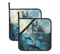 YYHWHJDE Lot de 2 tapis de pot carrés isolés épais imperméables et faciles à nettoyer Motif baleine sous le château