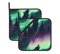 YYHWHJDE Lot de 2 tapis de pot carrés isolés et épais avec motifs loups hurlant dans les aurores boréales et faciles à nettoyer