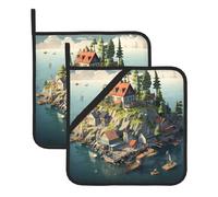 YYHWHJDE Lot de 2 tapis de pot isolants carrés imprimés Small Town on The Island avec une corde de suspension latérale pratique pour un rangement facile