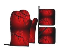 YYHWHJDE Lot de 4 jetés de four imperméables avec impression de fleurs de cerisier rouges avec résistance à la chaleur et faciles à nettoyer pour casserole, poêle et grill