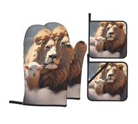 YYHWHJDE Lot de 4 maniques épaisses et durables, anti-brûlure et isolation thermique Motif agneau avec lion sur les nuages