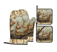 YYHWHJDE Lot de 4 maniques et maniques en forme de trois petits écureuils qui cueillent des poires - Épais et durables - Anti-brûlure et isolant thermique