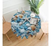 YYHWHJDE Nappe décorative ronde de 152,4 cm - Motif océan, mer, plage, coquillages, étoiles de mer, bleu, imperméable, lavable et réutilisable pour salle à manger, café, pique-nique, mariage, fête