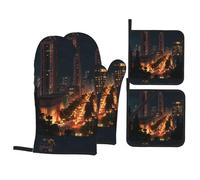 YYHWHJDE Night View of The City Prints Lot de 4 gants de cuisine isolants et maniques anti-brûlure et isolation thermique