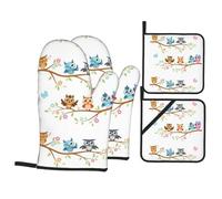 YYHWHJDE Owls on Branch Lot de 4 maniques et maniques en polyester imperméable Noir 21 x 21 cm
