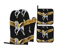 YYHWHJDE Pegasus Prints Lot de 4 ustensiles de cuisine avec couches résistantes à la chaleur et housses imperméables - Gants de four pour casseroles chaudes, grill et plats
