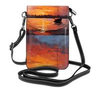 YYHWHJDE Peinture à l'huile bateau au coucher du soleil imprime petit sac à bandoulière en cuir pour femme, imperméable et durable