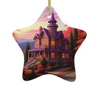 Yyhwhjde Pendentif en forme d'étoile de Noël en céramique Motif maison de conte de fées avec trous soigneusement percés Corde en métal