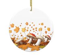 YYHWHJDE Pendentif rond en céramique à suspendre avec feuilles d'érable et champignons - 7,4 cm - Équipé d'un cordon métallique doré durable