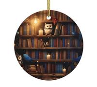 YYHWHJDE Pendentif rond en céramique à suspendre en forme de sapin de Noël avec imprimé de librairie magique - 7,4 cm - Équipé d'un cordon en fil doré durable