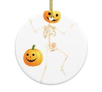 YYHWHJDE Pendentif rond en céramique à suspendre en forme de squelette dansant à côté d'une citrouille - 7,4 cm - Équipé d'un cordon métallique doré durable