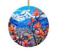 YYHWHJDE Pendentif rond en céramique à suspendre Motif arbre de Noël Fleurs sur un chemin étranger 7,4 cm Équipé d'un cordon métallique doré durable