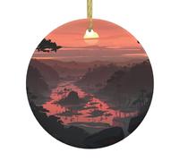 YYHWHJDE Pendentif rond en céramique à suspendre Motif arbre de Noël Lever de soleil dans la vallée - 7,4 cm Porcelaine blanche exquise Suspension facile