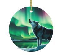 YYHWHJDE Pendentif rond en céramique à suspendre Motif loups hurlant dans les aurores boréales du Nord - 7,4 cm Porcelaine blanche exquise suspension facile
