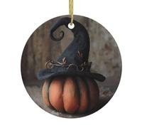 YYHWHJDE Pendentif rond en céramique avec imprimé chapeau de sorcière citrouille - 7,4 cm - Ajoutez une atmosphère festive aux fêtes de fin d'année