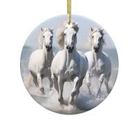 YYHWHJDE Pendentif rond en céramique Motif chevaux blancs Arbre de Noël 7,4 cm Décorations de vacances