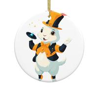 YYHWHJDE Pendentif rond en forme de lapin tenant un chapeau magique imprimé arbre de Noël en céramique - 7,4 cm - Porcelaine blanche exquise - Suspension facile