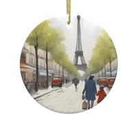 YYHWHJDE Pendentif rond Paris Street Scene Tour Eiffel Arbre de Noël en céramique à suspendre pour décoration de boutiques, portes et fenêtres
