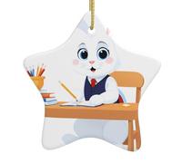 YYHWHJDE Petit lapin blanc faisant ses devoirs de Noël en céramique pendentif en forme d'étoile décoration facile à accrocher, très approprié pour décorer les arbres de Noël