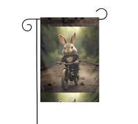 YYHWHJDE Petit lapin gris à vélo avec motif mât de drapeau de jardin, décoration de cour extérieure double face, 30,5 x 45,7 cm
